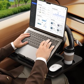 Fumcsy Angle Adjustable car Steering Wheel Desk,3 in 1 Car Steering Wheel Tray,car Laptop Mount | Car Reading Stand | Car Food Tray with Drinks Holder, Multipurpose Travel Car Accessories