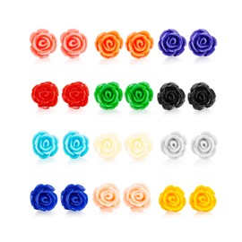 LOYALLOOK 12 Pairs Assorted Colors Resin Rose Flower Earring Studs Set Stainless Steel Post,Nickel-free 10MM