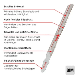 kwb Jigsaw blades for metal, made of sturdy bi-metal, highly elastic, with single cam shaft (T-shank), puncture tooth, optimal service life, steel bare surface, for fine cuts