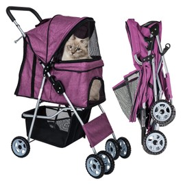 Dog Stroller for Small Dogs,Pet Stroller Strolling Cart 4 Wheels Folding Pet Gear Lightweight Waterproof with Storage Basket for Puppy Small Medium Dogs Cats for Travel,Purple