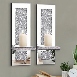 Azonsdop Silver Mirrored Candle Sconces Set of 2, Crystal Candle Holders with Acrylic Crushed Diamond, Home Décor