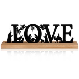 Pinkunn Metal Nativity Sets for Christmas Decorations Black Metal Nativity Scene with Wooden Base for Christmas Xmas Home Indoor Office Kitchen Table Shelf Mantel Tabletop Decor (Love)