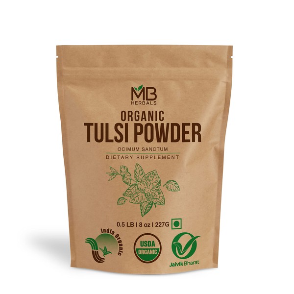 MB Herbals Organic Tulsi Powder 8 oz / 0.5 lb 227 Gram USDA Certified Organic Tulsi Powder | Ocimum Sanctum Tulasi | for Tulsi Tea