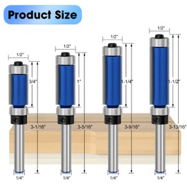 Pynsseu 4 Pcs Flush Trim Router Bits 1/4 Inch Shank Top and Bottom Bearing, Carbide Flush Cut Router Bit Set for Woodworking, Straight Router Bits Ideal for Trimming Cutting Laminates Pattern Routing