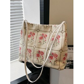 Women's Elegant Floral Fabric Shoulder Bag, Summer Trendy Large Capacity Tote Bag, Chic Spring All-match Shoulder Bag for Daily & Work & Back To School, Unique Bags:_Cream_Please Refer To The Pictures for Dimensions