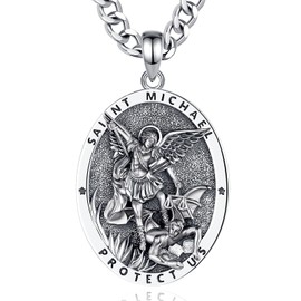 INFUSEU St Michael Pendant for Men Women the Archangel Necklace Saint 925 Sterling Silver Religious Catholic Christian Jewelry Medal Medallions Protection Spiritual Gift San Miguel Arcangel Medalla