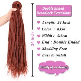 Samtress Double Ended Dreadlock Extensions 24 Inch Copper Red Synthetic 0.6 cm Width Soft Dreads Loc 10 Strands Handmade Soft Loc Hippie Wool Dreads Hair Extensions for Women and Men (#350)
