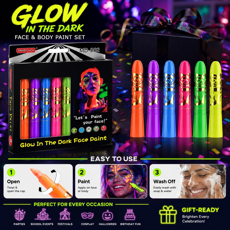 6-Color Glow Face & Body Paint Set for Parties –