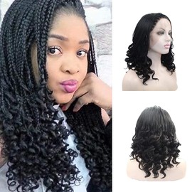 Angle Lucky Lace Front Braided Wig Synthetic Black Cornrow Braided Wig Curly Black Box Braids Wig Heat Resistant Fiber Cornrow Braided Wig for Women Party Makeup 16 Inch (16, 1B Black)