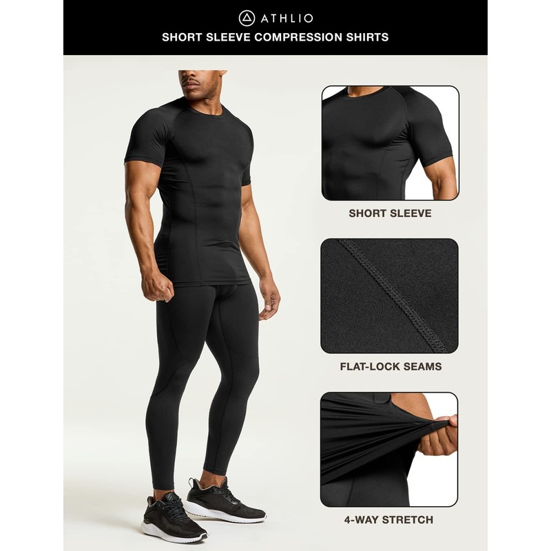ATHLIO Men's 3-Pack Cool Dry Compression Shirts, Short Sleeve Sports