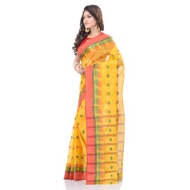 dB DESH BIDESH Women`s Traditional Bengal Tant Woven Lotus Kolka Design Pure Cotton Handloom Saree Without Blouse Piece 5.6 Mtr Yellow
