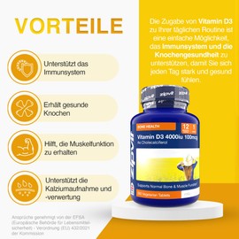 Vitamin D3 4000IU Tablets, High Dose Vitamin D, Immune System, Bones & Muscles, Vegetarian Vitamin D3, 360 Tablets, 12-Month Supply