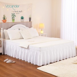 Vocander White Queen Size Bed Skirt 14 Inch Drop, Elastic Wrap Around Dust Ruffle Bed Skirting Easy to Install, Adjustable Tailored Bedskirts Fade & Wrinkle Resistant