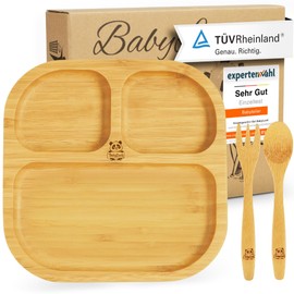 Babylovit Kinderteller mit Saugnapf | Bambus Baby Teller mit Saugnapf | Geprüfter Kinder Teller mit Babybesteck | Beikost Baby Zubehör | ideal für Baby led Weaning