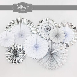 YOU+ Paper Fan Set, Birthday Decoration, Decoration, Set of 8, Birthday Celebration, Events, Gold, Silver, Polka Dot, Stripe Decoration (Silver)