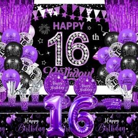 Purple 16th Birthday Decorations for Girls 131 PCS Black Purple Sweet 16th Birthday Party Supplies Includes 16th Happy Birthday Banner Balloons Napkins Cups Tablecloth Plates Foil Backdrops