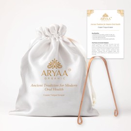 Aryaa Organic Copper Tongue Scraper - Reduces Bad Breath - Includes Travel Silk Bag & Informational Card | Ayurvedic Oral Health Tool | Made in India