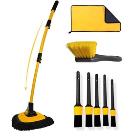 YeewayVeh Car Wash Kit, Extendable Car Wash Brush Mop with Long Handle, 5pcs Detailing Brush, 1pc Wheel Brush and Microfiber Towel Car Cleaning Kit Supplies Accessories, Yellow