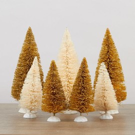 Set of 7 Vintage Glittered Gold and White Bottle Brush Trees with White Base - Bleached Sisal Winter Pinetrees Holiday Set for Christmas Decorations for Retro, Farmhouse or Modern Decor (4-1/2"-6" H)