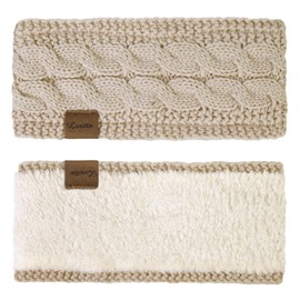 Loritta Loritta 2 Pack Headbands for Women Winter Warm Cable Knit Ear Warmer Thick Head Wrap Fuzzy Fleece Lined Gifts, F Beige+Black