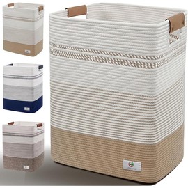 Laundry Hamper - Tall Woven Rope Laundry Basket - Clothes hamper with Leather Handles, 17.8" X 13.8" X 22", Blanket Storage Basket for Living Room, Rice Brown & White - Color: Dark Blue & White