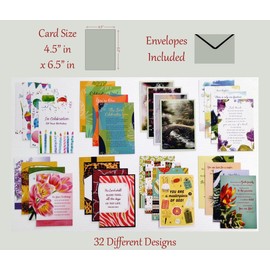 Birthday ~ No Repeated Designs~ 32 Cards and Designs ~ Christian/Religious Greeting Card Assortment #2 ~ Scripture in every card ~ Envelopes Included