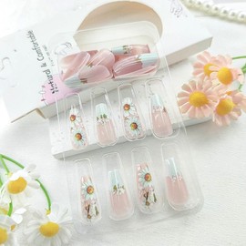 Coffin Press on Nails Medium Fake Nails with Flower Designs French Tip Nails Press ons Glossy Glue on Nails Green Acrylic Nails Spring False Nails Summer Stick on Nails for Women 24Pcs