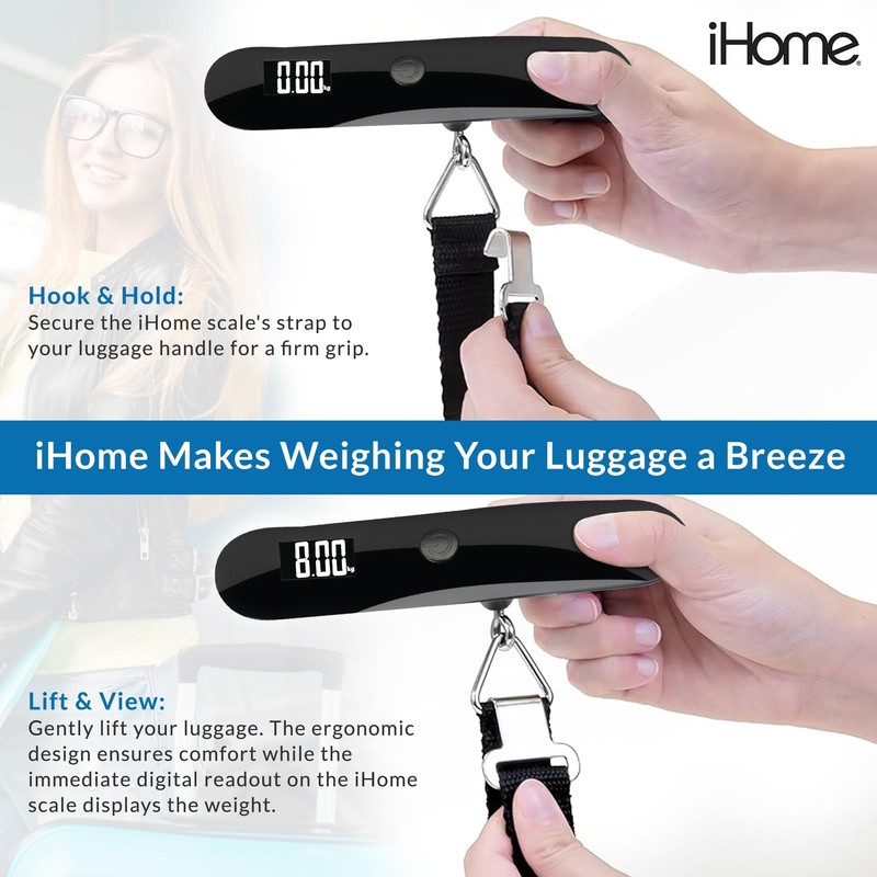 iHome Digital Luggage Scale - 110lbs Portable Suitcase Scale with