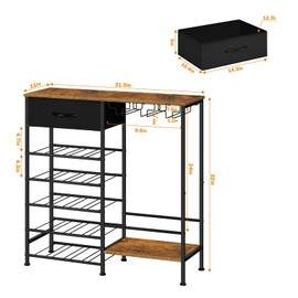 OYEAL Wine Rack Freestanding Floor, 5 Tier Display Wine Storage Shelves with Glass Holder & Fabric Drawer, 20 Bottles Liquor Cabinet Bar Stand for Home Bar, Kitchen Living Room, Rustic Brown