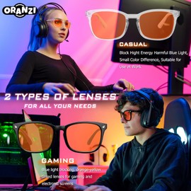 ORANZI 2 pack Blue Light Blocking Gaming Glasses Men Woman, Computer Gamer Glasses for Men, Blue Light Filtering Amber Lenses Anti-Fatigue & Eye Strain