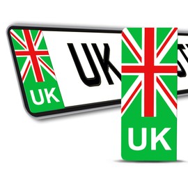 Biomar Labs® 2 x Vinyl UK Car Number Plate Stickers Green EV Electric Brexit United Kingdom Union Jack Flag Decals Badge QV 6