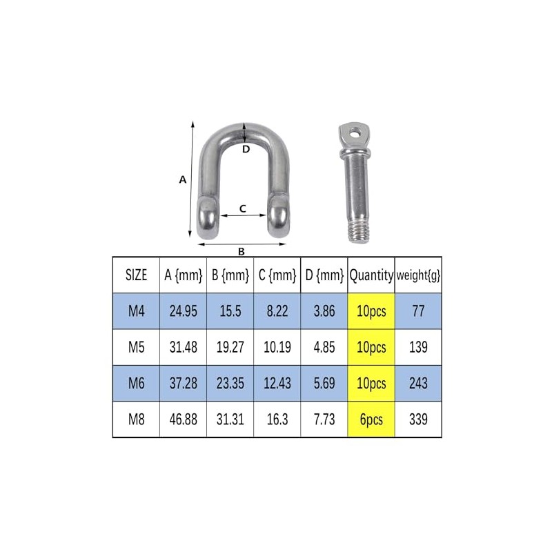 HVDHYY M6 D Shackles 304 Stainless Steel 10piece D Ring