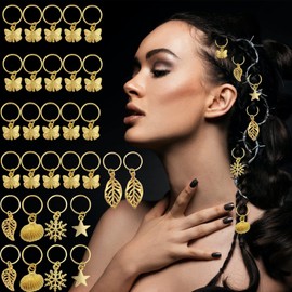 30PCS Hair Charms Hair Braid Rings Gold Hair Accessories Butterfly Leaves Shell Snowflake Star Pendant Loc Jewelry for Hair Clip Headband Dreadlock Accessories (M)