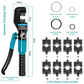 Brileine 10 Tons Hydraulic Crimping Tool with 9 Dies - Battery Cable Crimper Tool & Wire Rope Crimping Tool for 12 to 2/0 AWG, 1/16" 1/8" 3/16" Stainless Steel Cable Railing Tool