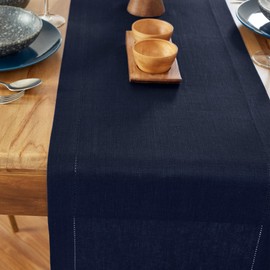 Solino Home Navy Table Runner 108 Inches Long - 100% Pure Linen Medium Weight Hemstitch 14 x 108 Inch Table Runner for Dining and 4th of July, Father's Day, Summer