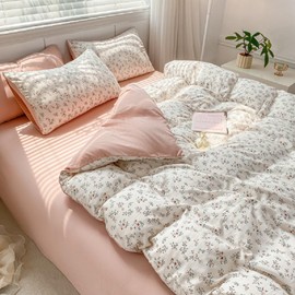 Sedefen Bed Linen 135 x 200 cm Pink Flowers Leaves Reversible Bed Linen Girls Microfibre Aesthetic Bedding Set Oeko-Tex Duvet Cover with Zip and 1 Pillowcase 80 x 80 cm
