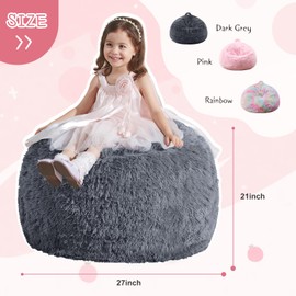 Bean Bag Cover (No Filler), Stuffed Animal Storage Bean Bag Covers for Kids, Soft Faux Fur Washable Cover with Pocket Handle, Comfy Fluffy Beanbag for Organizing Plush Toys, 27"x21" Dark Grey
