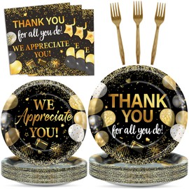 96Pcs We Appreciate You Plates and Napkins Thank You for All You Do Party Decorations Black Gold Appreciation Paper Plates for Teachers Employee Staff Pastor Volunteer Appreciation Week Decor Serve 24