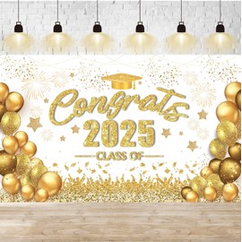 Gold and White Graduation Decorations Congrats Class of 2025 Banner - Large Graduation Backdrop, Congratulations Banner Grad Party Decorations Class of 2025-72x44 Inch