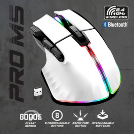 Spirit Of Gamer - Pro M5 RGB Wireless Gaming Mouse for PC, 8 Programmable Buttons, Including 1 Rapid Fire, Bluetooth Connection & 2.4GHz, Long Runtime, 90H Ergonomic Gaming Mouse, White