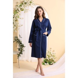 Lagtew Womens Kimono Robe Lightweight Soft Bathrobe Sleepwear Loungewear with Pockets,NAVY,S