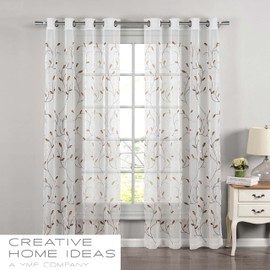 Creative Home Ideas Wavy Leaves, Embroidered Sheer Curtains, Includes 1 Leaf Curtain Panel - Window Drapes with Metal Grommets, 54" x 96", Sheer Vine White Curtain with Chocolate Leaves