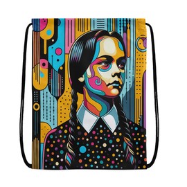 EZB Wednesday Colourful Drawstring Bag | 36x30cm Midi Sized Backpack | Multi-Use: Sports Kits, PE Kits, Gym, Lunch, Holiday, Beach, Pump Bag | Wednesday Pop Art Bag
