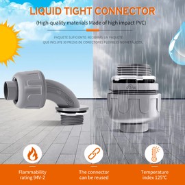 TYIREDA 30 Pack 1/2 Inch Liquid Tight Connector PVC Electrical Conduit Fittings, Straight 90 and 180 Degree Non-Metallic Flexible Connectors UL Listed for Home, Bathroom, and Kitchen, Gray