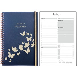 A5 Undated Daily Planner with Meal, To Do List, Schedule, Pocket, Extra Habit Tracker Contact Note Pages, Spiral Bound Daily Diary Day per Page for 2023 2024 Work Life School Goal