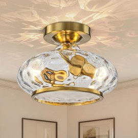Modern Semi Flush Mount Ceiling Light, 9.89" 2-Light Gold Hallway Light fixtures with Hammered Glass Lampshade, Elegance Ceiling Lights for Hallway, Entryway, Bathroom, Foyer, Laundry, Kitchen