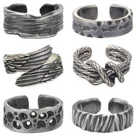 VELESAY Men's Vintage Open Rings for Men Angel Wings Adjustable Ring Adjustable Men's Biker Ring Set 6 Pieces, Copper