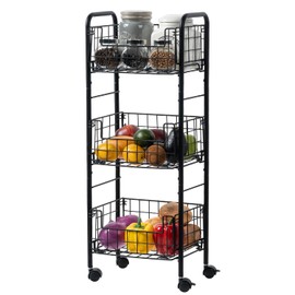 MyGift 3 Tier Industrial Matte Black Metal Wire Kitchen Fruit and Vegetable Basket Cart, Portable Pantry Produce Storage Rack Stand with Rolling Wheels