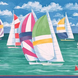 Concord Wallcoverings Wallpaper Border Nautical Pattern Sea Sailboats Sky Clouds for Cottage Beach House Kid's Bedroom, Blue Green RedYellow, 15 Ft by 10.25 In CC829B