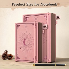 Smarpau A5 Notebook, Lined Journal & Pen Set, Retro Hardcover Leather Journal within 366 Pages 100gsm Thick Paper, College Ruled Journals for Women Men Writing School Office, 14.5 x 21cm - Pink